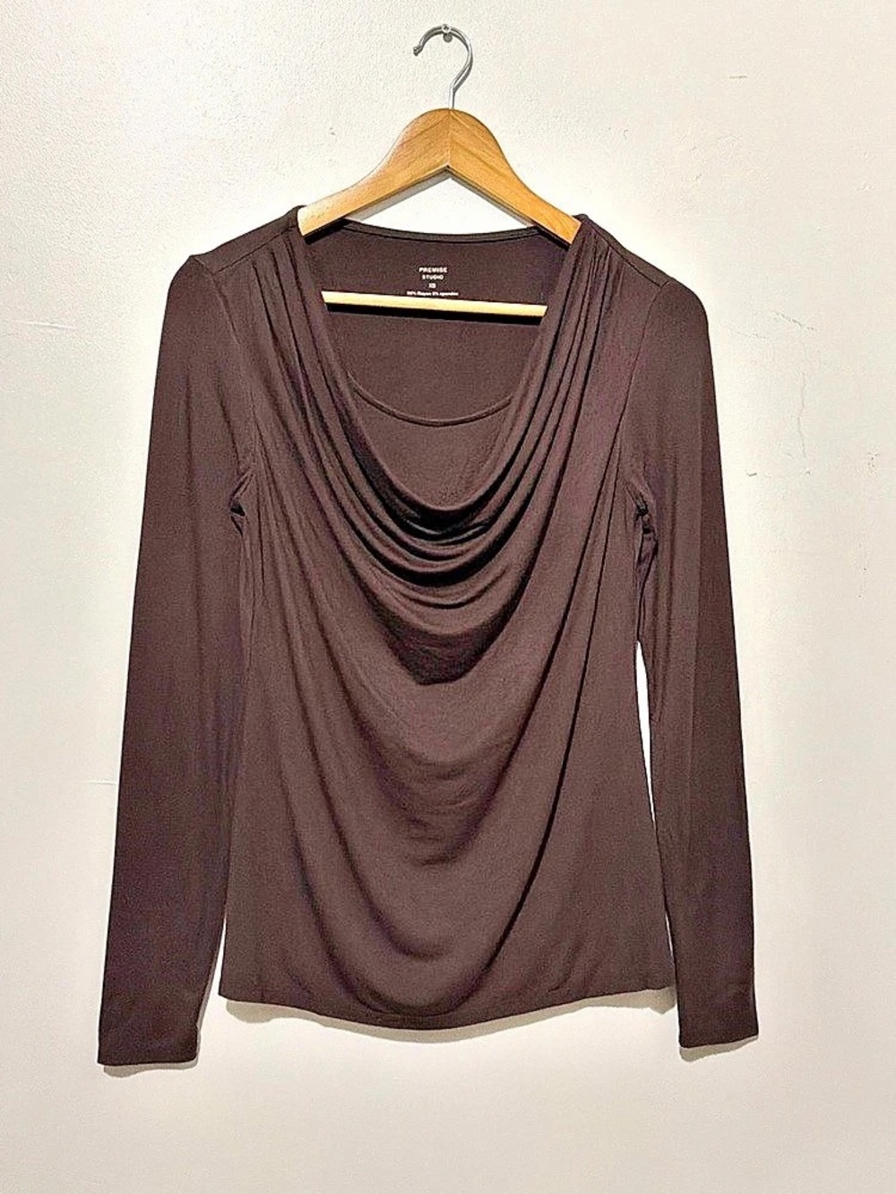 Premise Studio Brown Draped Neck Long Sleeve Top Size XS Like New